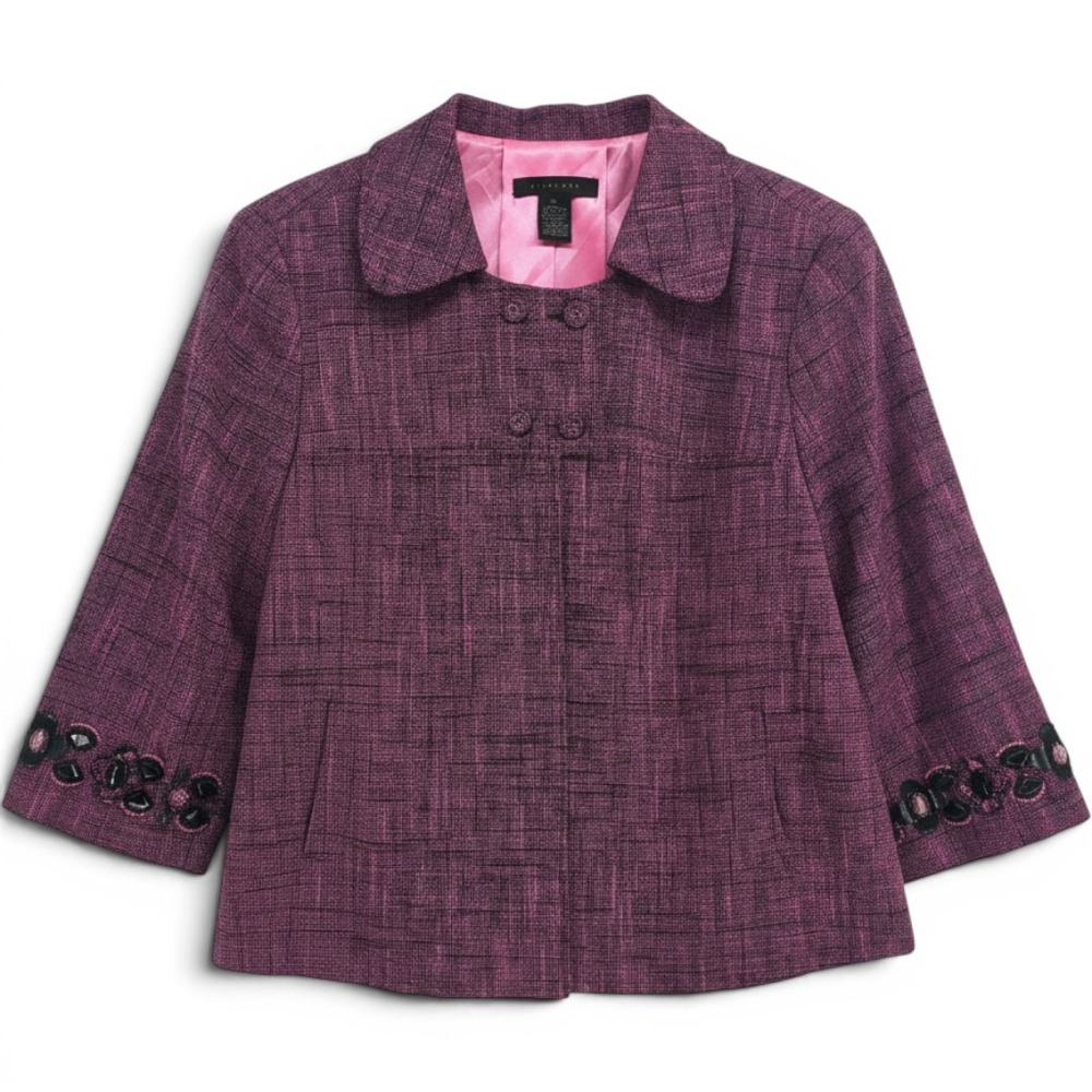 Silk Land Linen Jacket Womens XL Magenta Black Beaded Floral Cuff EUC
